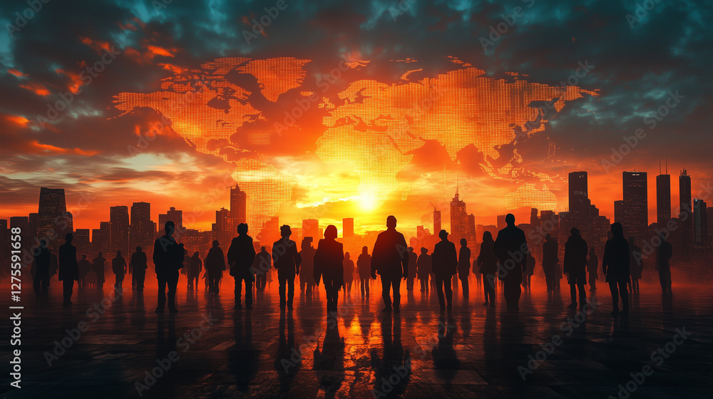 Silhouettes of men and women in front of a city skyline at sunrise with a translucent world map for global unity and vision Silhouettes of men and women in front of a city skyline at sunrise with a translucent world map for global unity and vision
