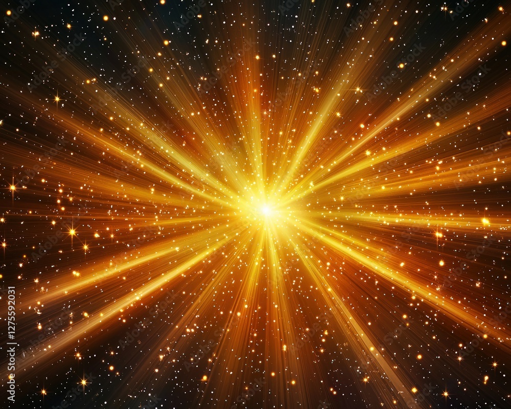 Fototapeta premium Golden Light Rays Burst Background Sparkling Starry Night Sky