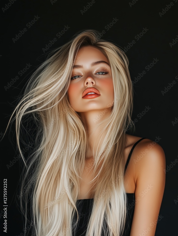 Naklejka premium Glamorous blonde woman with long voluminous hair and sensual expression wearing black top in high-fashion beauty portrait