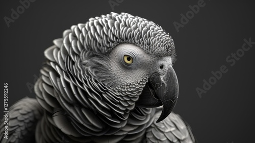 Detailed close-up of a majestic African gray parrot with intricate gray feathers set against a smooth dark background showcasing its sharp beak and intelligent gaze.
