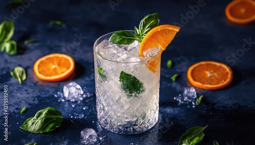 Refreshing Basil Orange Cocktail on Dark Surface photo