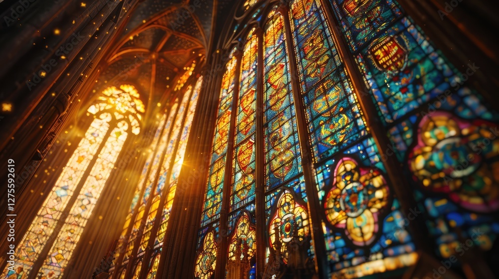 Obraz premium Dramatic stained glass windows illuminate a cathedral interior with vibrant blues, yellows, and reds, casting warm sunlight through intricate designs.