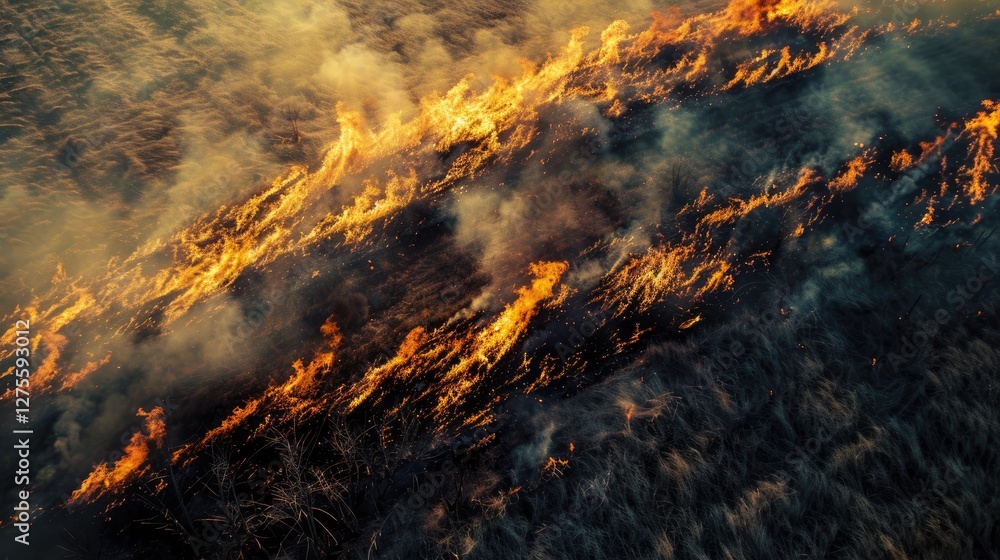 Aerial view of vibrant orange flames engulfing dry grass in a scorched field, billowing smoke rising against a dark background. Aerial view of vibrant orange flames engulfing dry grass in a scorched field, billowing smoke rising against a dark background.