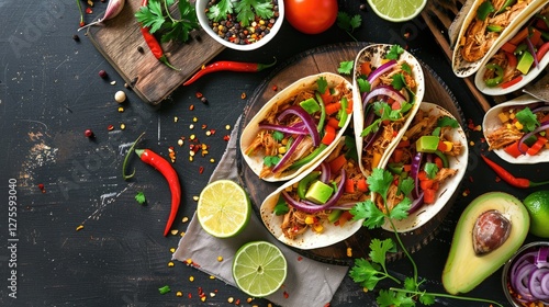 Wallpaper Mural Colorful Mexican shredded chicken tacos arranged on a dark textured surface with fresh ingredients like tomatoes, avocados, and lime slices. Torontodigital.ca