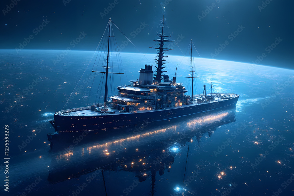 Fototapeta premium Ship sailing on the ocean with military vessels and a cruise ship in the water
