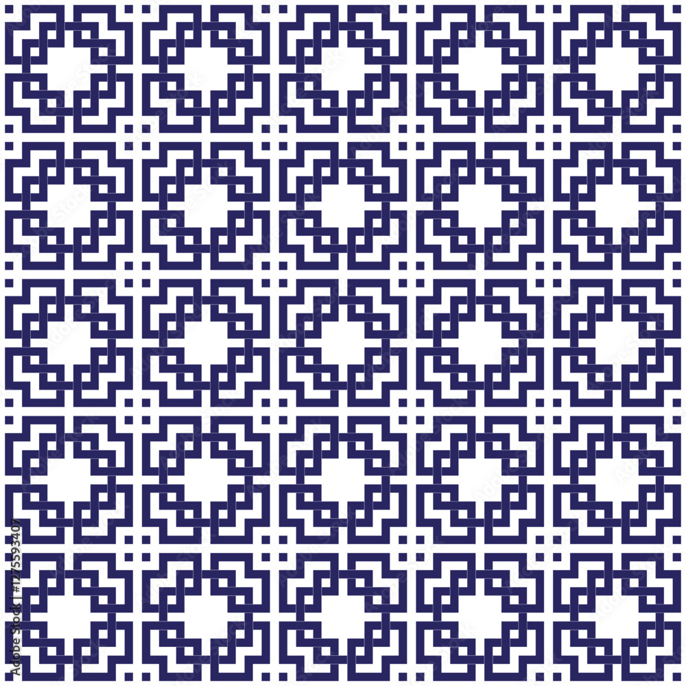 Fototapeta premium Vector geometric seamless pattern featuring interlocking squares and circular motifs in a classic blue and white palette. Chinese window tracery. 