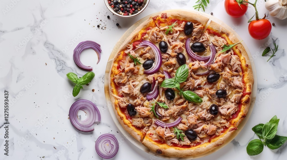 Tuna and red onion pizza topped with black olives on marble table with fresh basil, cherry tomatoes, and peppercorns arranged around it Tuna and red onion pizza topped with black olives on marble table with fresh basil, cherry tomatoes, and peppercorns arranged around it