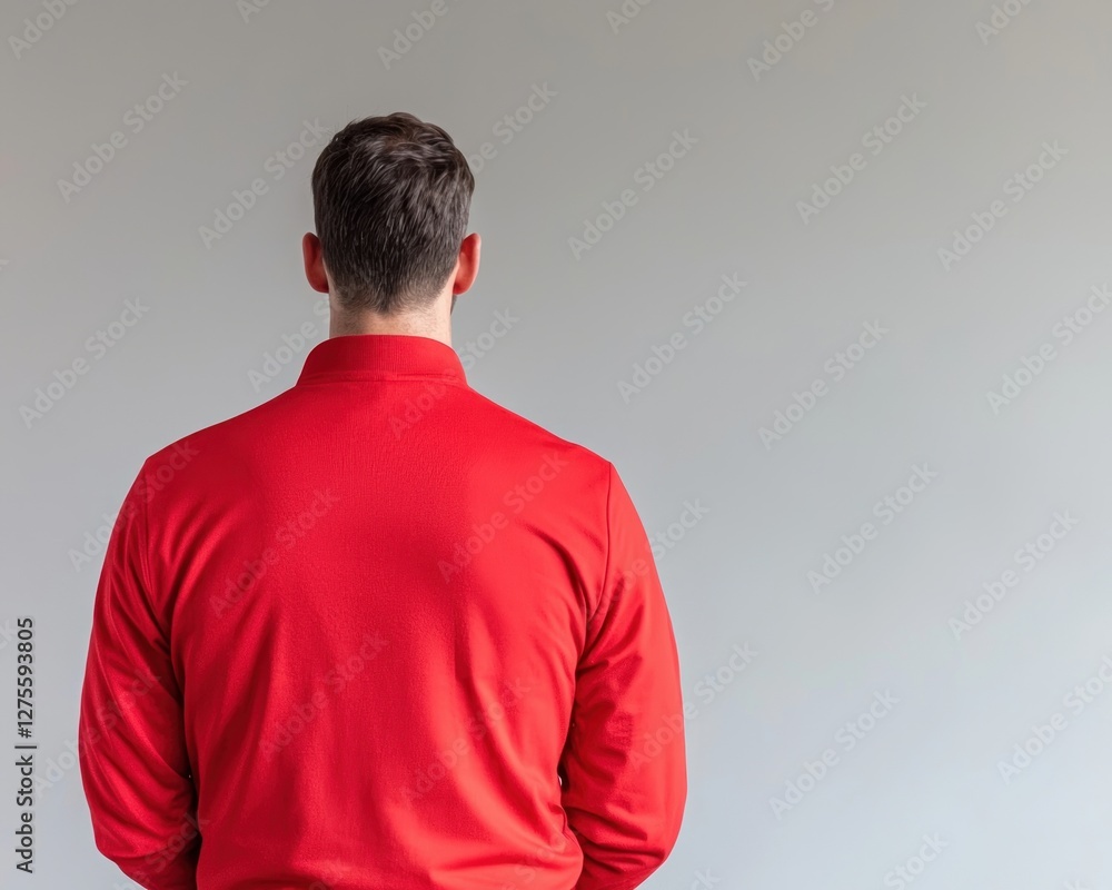 Man in Red Long Sleeve Shirt Standing Back View Against Gray Wall Man in Red Long Sleeve Shirt Standing Back View Against Gray Wall
