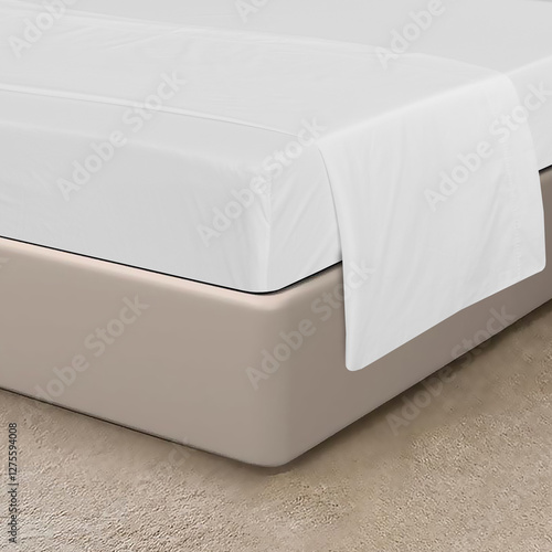 White fitted sheet over mattress on bed corner, Bed linen on the bed, closeup Bed corner with white fitted sheet