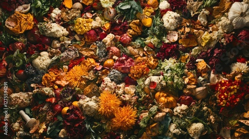 A vibrant, colorful arrangement of dried flowers and seasonal produce on a textured surface