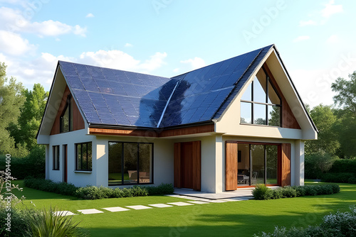 A charming old brick cottage with a wooden door surrounded by a lush green lawn and a beautiful garden under a bright summer sky