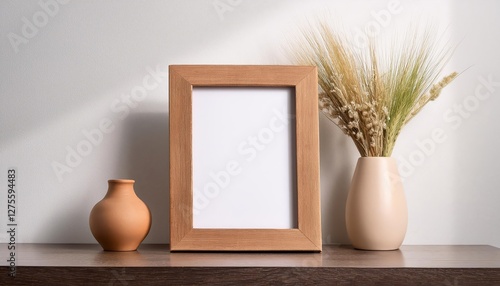Elegant Rustic Wooden Frame Showcasing a Blooming Vase, Set Against the Backdrop of a Serene, Textured Interior Scene Perfect for Home Decor and Artistic Arrangements