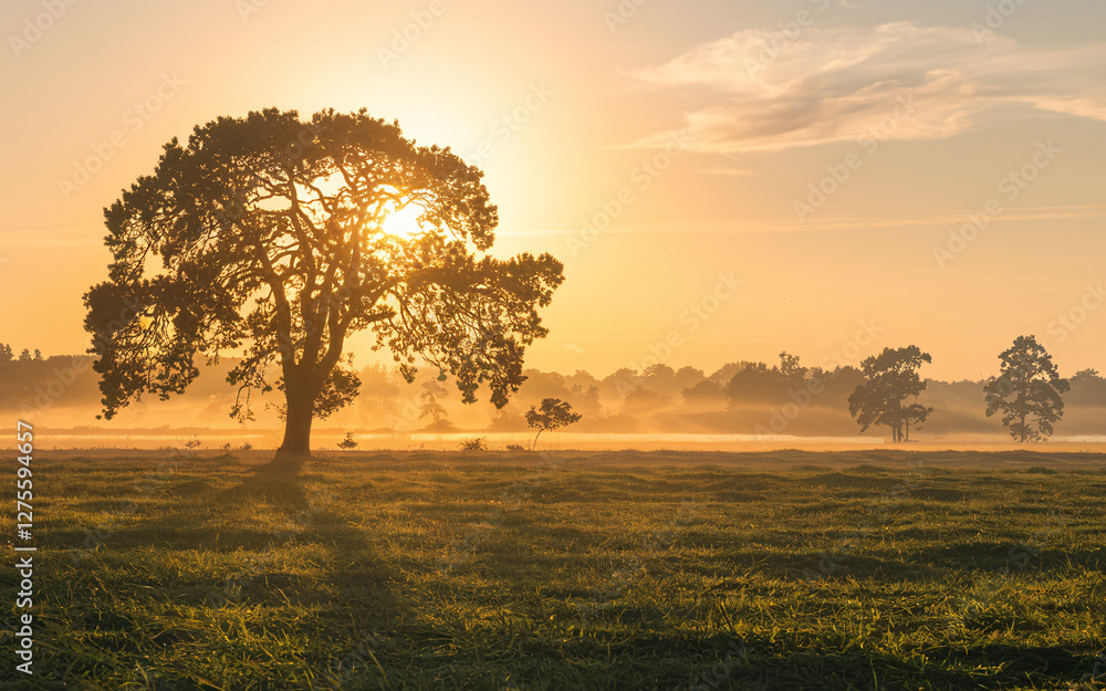 Golden Sunrise Over a Misty Countryside Landscape Golden Sunrise Over a Misty Countryside Landscape
