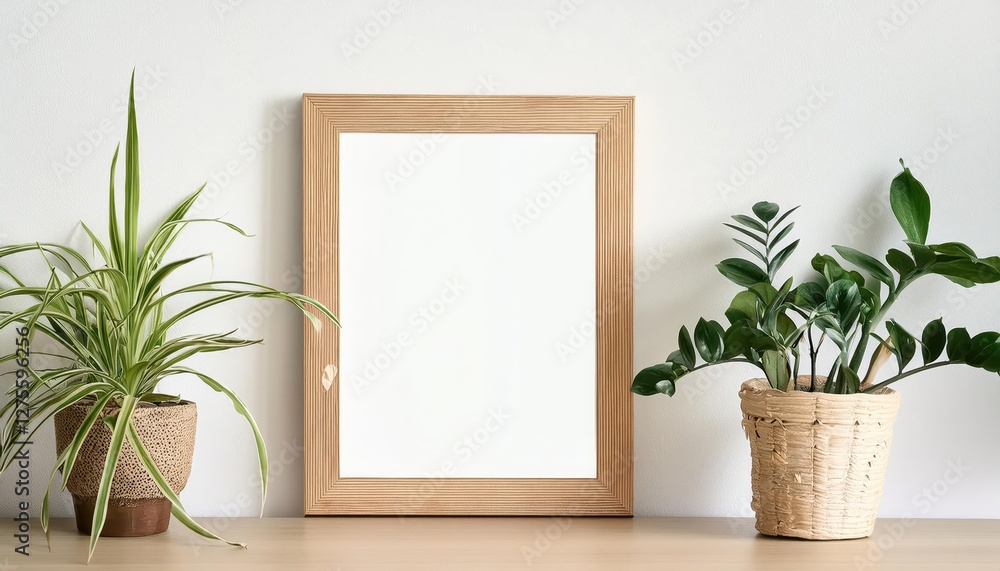Offwhite Wall Embodying Modern Minimalism with a Warmth Infused by the Texture of a Wooden Picture Frame, Showcasing an Artistic Blend in a Sophisticated Interior Scene. Offwhite Wall Embodying Modern Minimalism with a Warmth Infused by the Texture of a Wooden Picture Frame, Showcasing an Artistic Blend in a Sophisticated Interior Scene.