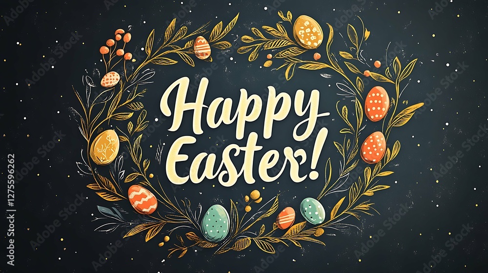 Fototapeta premium Happy Easter banner with flowers colorful eggs on dark