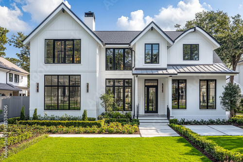 Modern farmhouse with black and white exterior, large windows, lush green lawn, and beautifully landscaped front yard