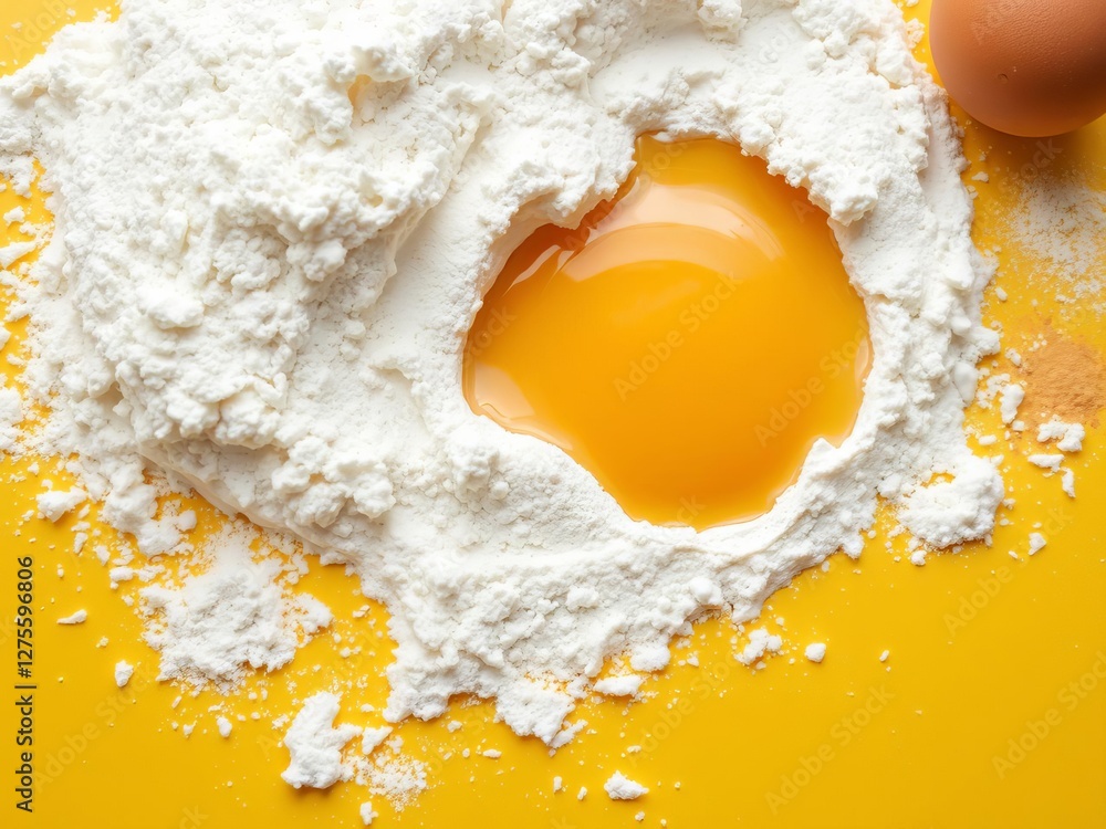 Close up of eggs and flour, perfect ingredients for homemade meals, kitchen, fresh Close up of eggs and flour, perfect ingredients for homemade meals, kitchen, fresh