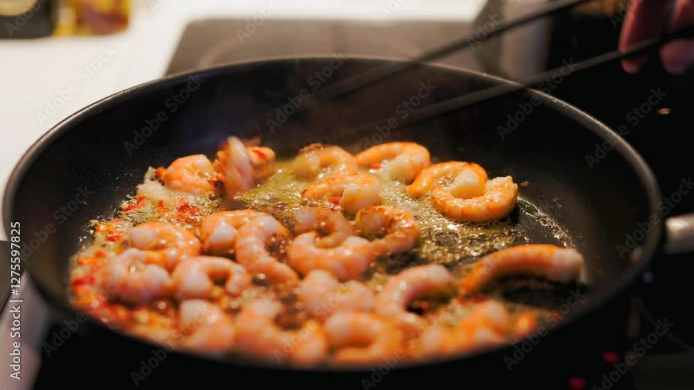 frying pan with prawn