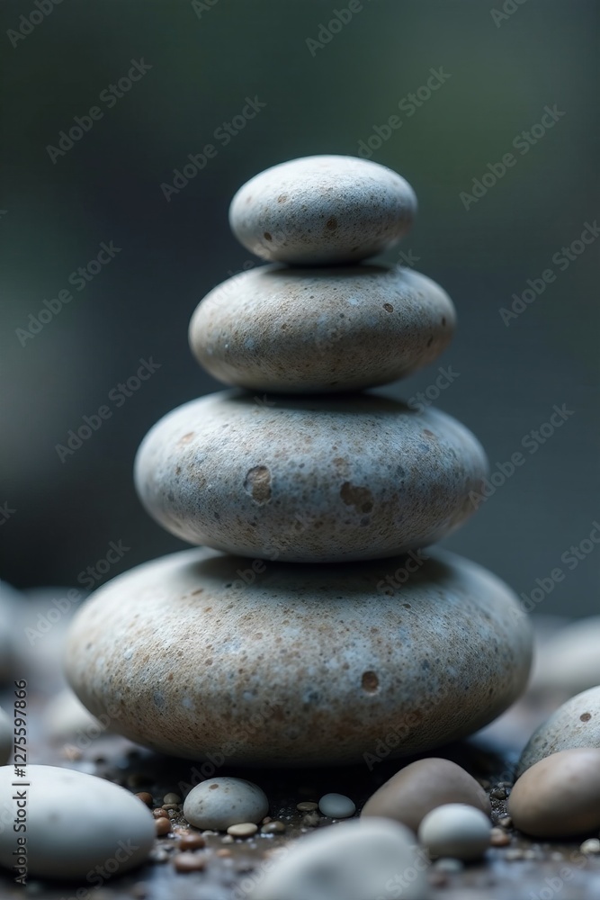 Close-up of five grey stones arranged in a pyramid shape, arrangement, composition, five Close-up of five grey stones arranged in a pyramid shape, arrangement, composition, five