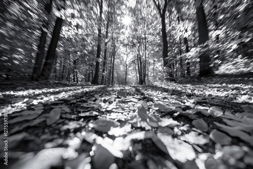 Black and white view looking down a tree lined path covered in fallen leaves with sun shining at the end, creating a sense of mystery and wonder. photo