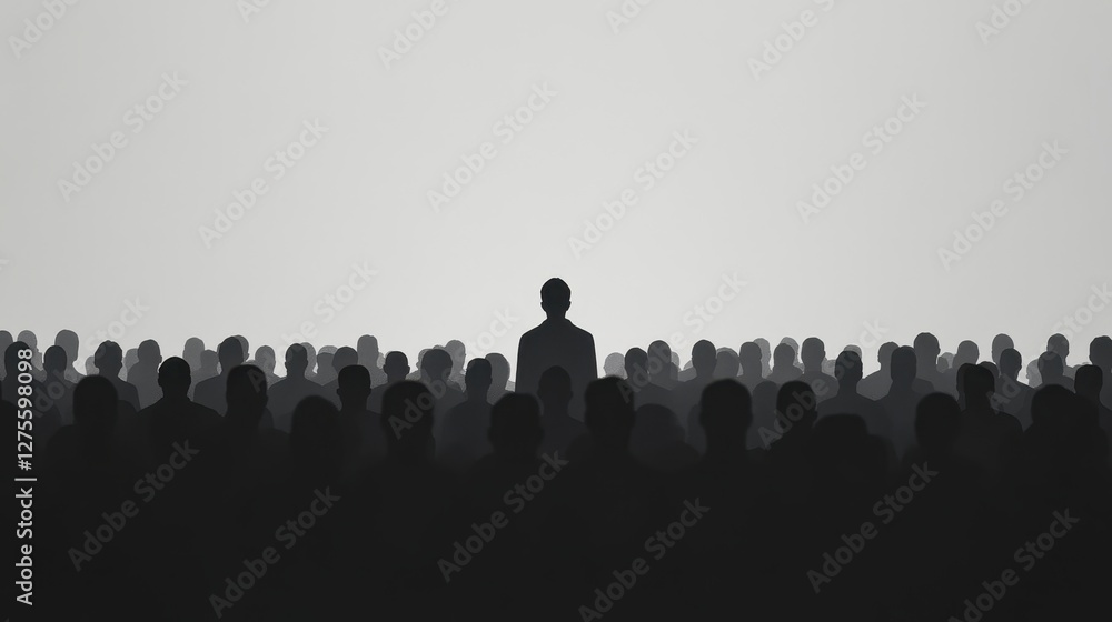 Naklejka premium Pink silhouette of couple standing in monochrome crowd of different people,surreal unique and different concept,loneliness in society,shadow,freedom,Love,be yourself,Stand out from the crowd.