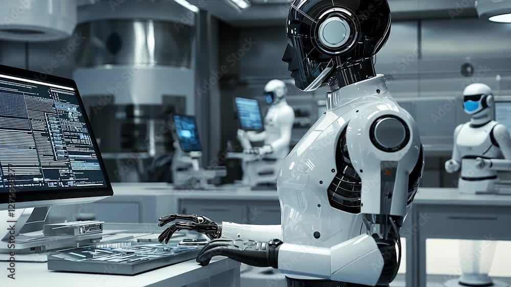 Advanced robot using a computer in a futuristic lab. Advanced robot using a computer in a futuristic lab.