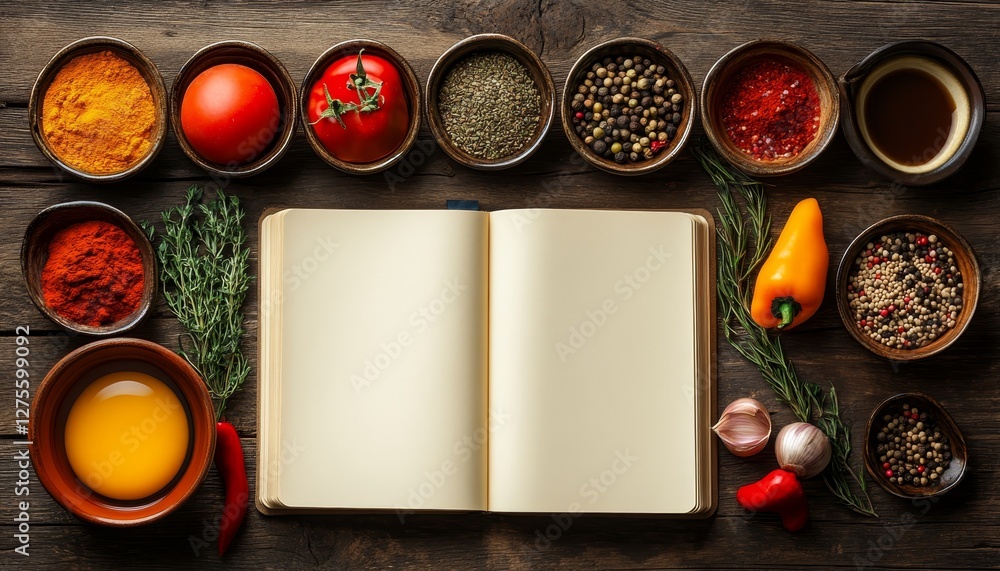 Open Recipe Book Mockup With Fresh Vegetables, Spices, Herbs And Ingredients, Top View Open Recipe Book Mockup With Fresh Vegetables, Spices, Herbs And Ingredients, Top View