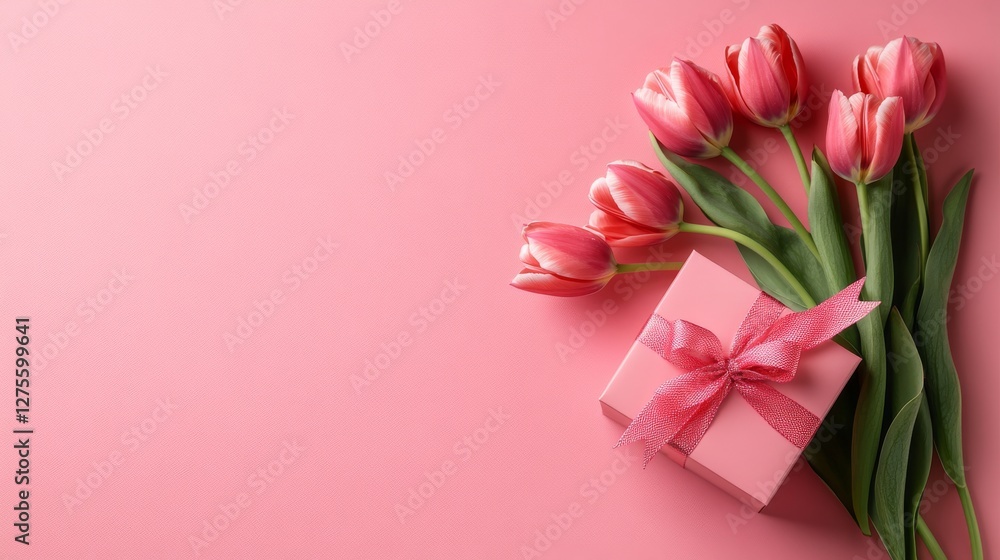 Fototapeta premium Celebrating love and friendship with pink tulips and a beautifully wrapped gift on a soft pastel background
