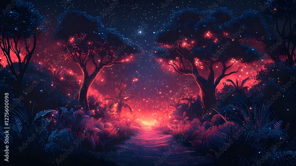 Fototapeta premium Glowing Futuristic Neon Forest with Radiant Plants and Luminous Trees on Dark Starry Night Backdrop