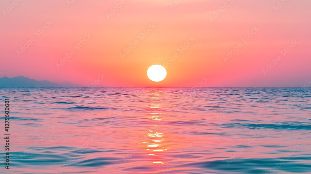 Pink Sunset Over Calm Ocean Waters With Distant Mountains Pink Sunset Over Calm Ocean Waters With Distant Mountains