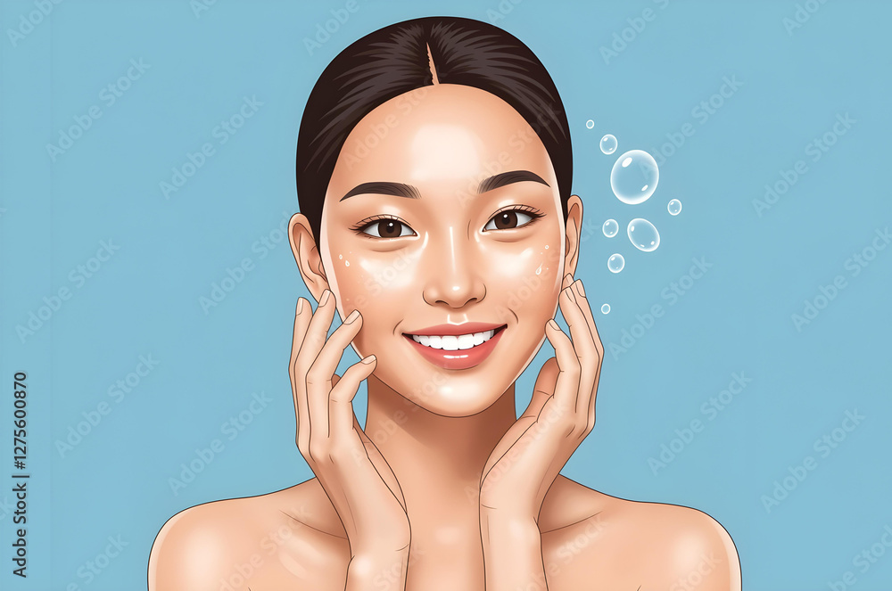Illustration of a smiling asian woman with glowing, hydrated skin on blue background