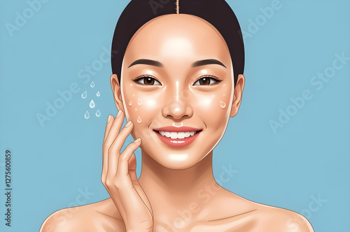 Obraz na płótnie Illustration of a smiling asian woman with glowing, hydrated skin on blue background w salonie