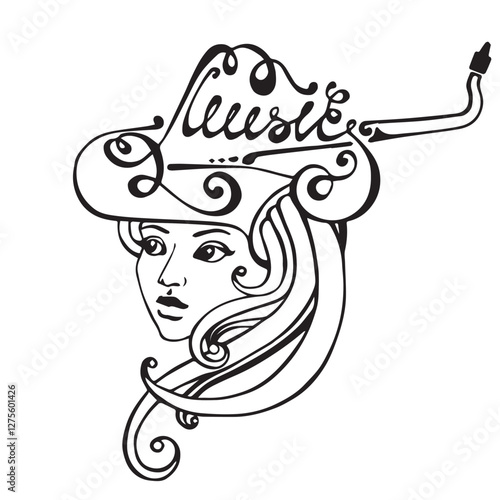 Beautiful woman face with musical instruments in jazz style, hand drawn vector illustration, black isolated on white background