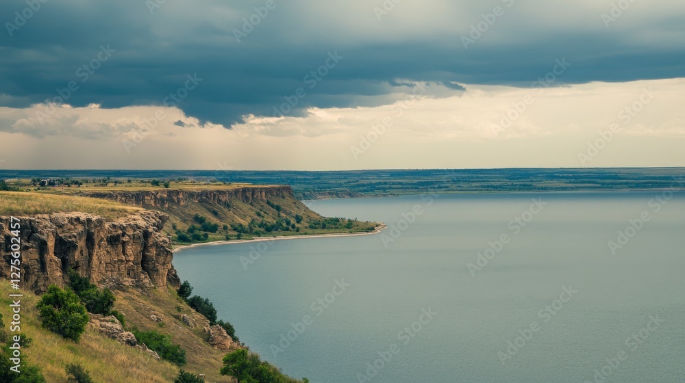 Obraz premium Awe-inspiring Landscape of Cliffs and Lake Under a Dramatic Sky