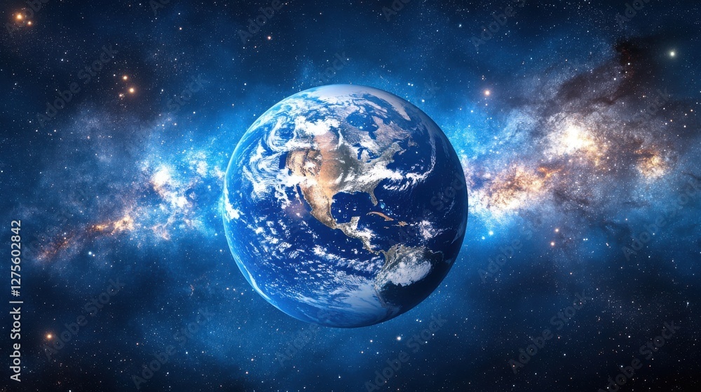 View of Earth from space surrounded by a dazzling starry sky featuring the Americas in the foreground View of Earth from space surrounded by a dazzling starry sky featuring the Americas in the foreground