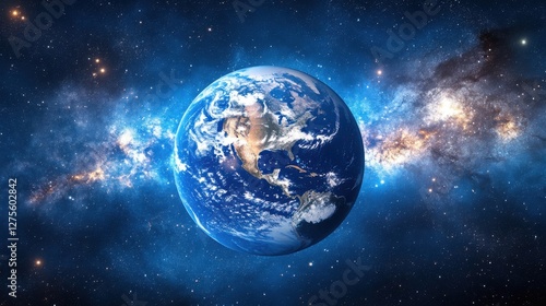 View of Earth from space surrounded by a dazzling starry sky featuring the Americas in the foreground