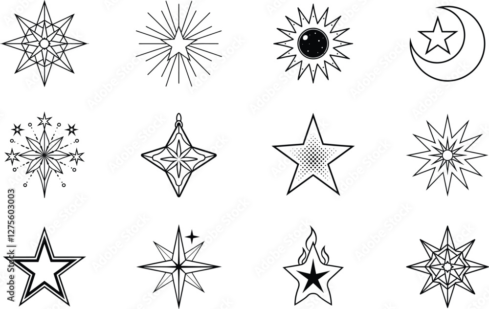 Celestial Star Icons Sun, Moon, and Diverse Star Designs Celestial Star Icons Sun, Moon, and Diverse Star Designs