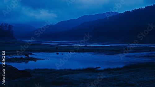 tranquil evening atmosphere, nature's tranquil essence, silhouette of animals, peaceful river reflections, tranquil river reflections, evening landscape tranquility, majestic mountain range quiet