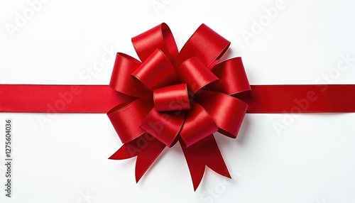 Red ribbon bow on smooth satin, isolated on white. Perfect for gift wrapping or decoration, finery, attractive detail, arrangement, present, charming display, festive mood.