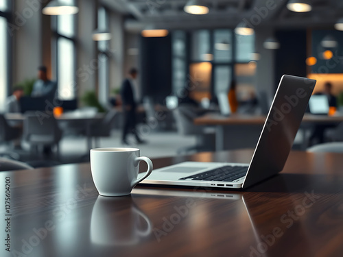 Laptop, computer, tablet, mobile phone, pen and notebook on office table for business concept, in clean office, Generative AI Illustration.
