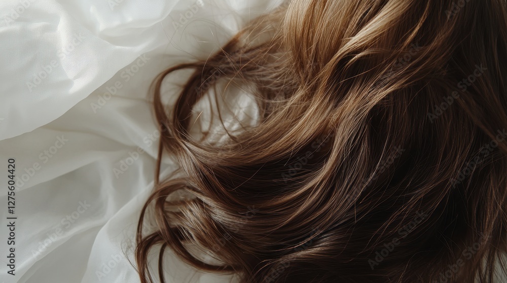 Fototapeta premium Beautiful model girl with Brown hair strand,silky healthy chestnut wavy hair strand isolated on white background,hair wavy ribbon, with smooth texture,vibrant shine,brunette hairpiece, hairy ribbon.