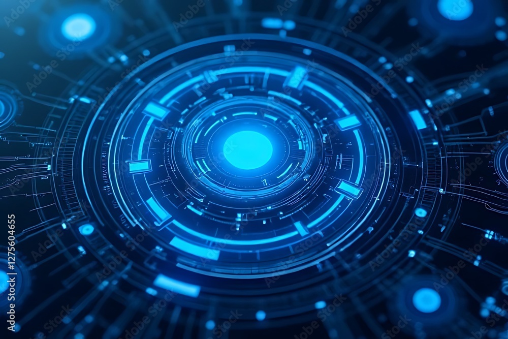 A glowing blue, futuristic, technological display showcases intricate circular patterns and designs. A glowing blue, futuristic, technological display showcases intricate circular patterns and designs.