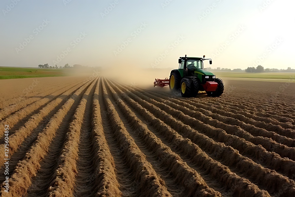 A green tractor tills a field, creating neat rows of freshly turned earth. A green tractor tills a field, creating neat rows of freshly turned earth.
