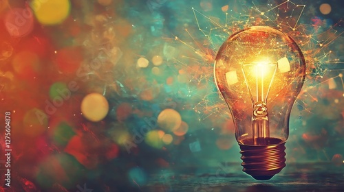 Lightbulb on in abstract  colorful sparks background representation of innovation digital media