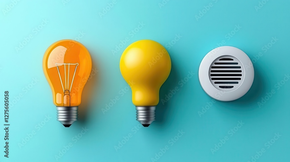 3D conceptual icons for smart home essentials, including a power saving light bulb, a temperature controlled thermostat, and a motion sensing camera, all isolated on white