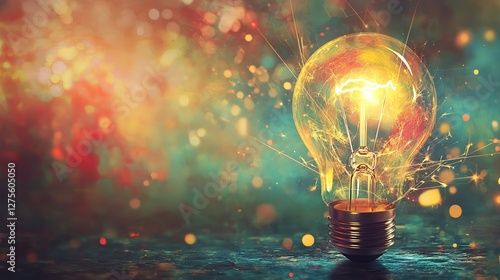 Lightbulb on in abstract  colorful sparks background representation of innovation digital media
