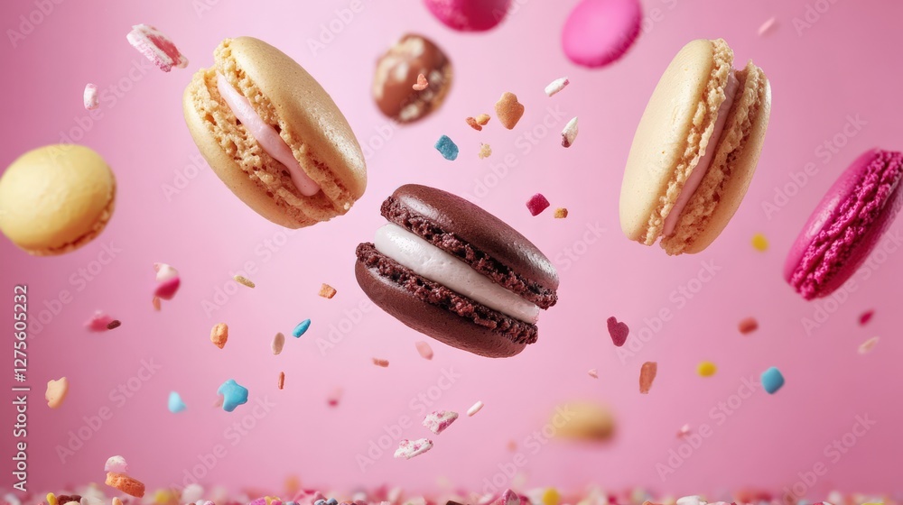 Fototapeta premium Colorful macarons floating above a vibrant pink background with scattered sprinkles and candies