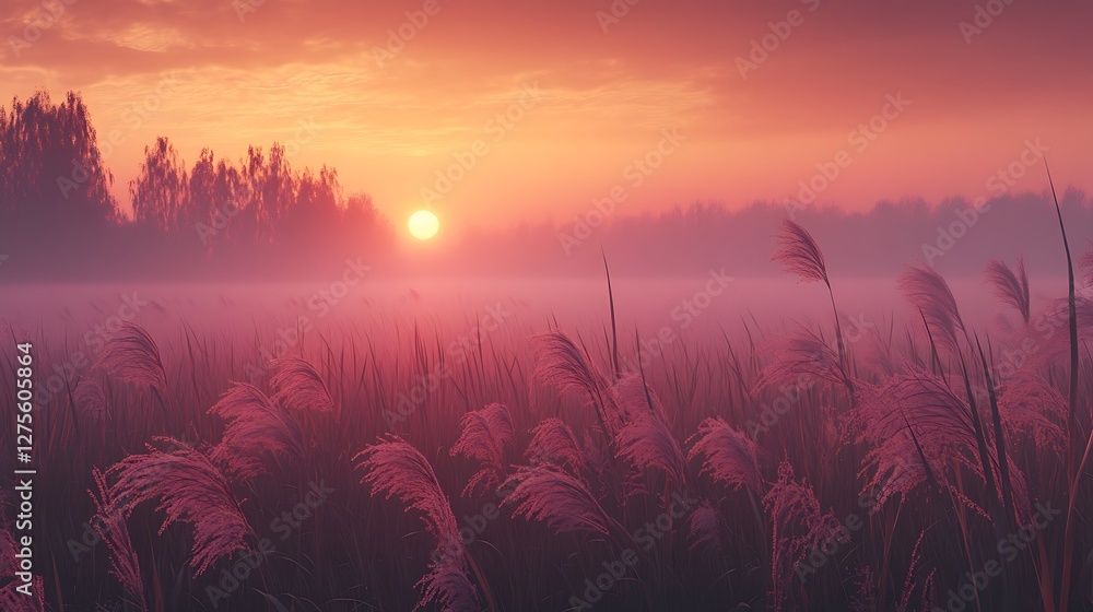 Fototapeta premium Serene Sunset Over Misty Grassland With Silhouetted Trees