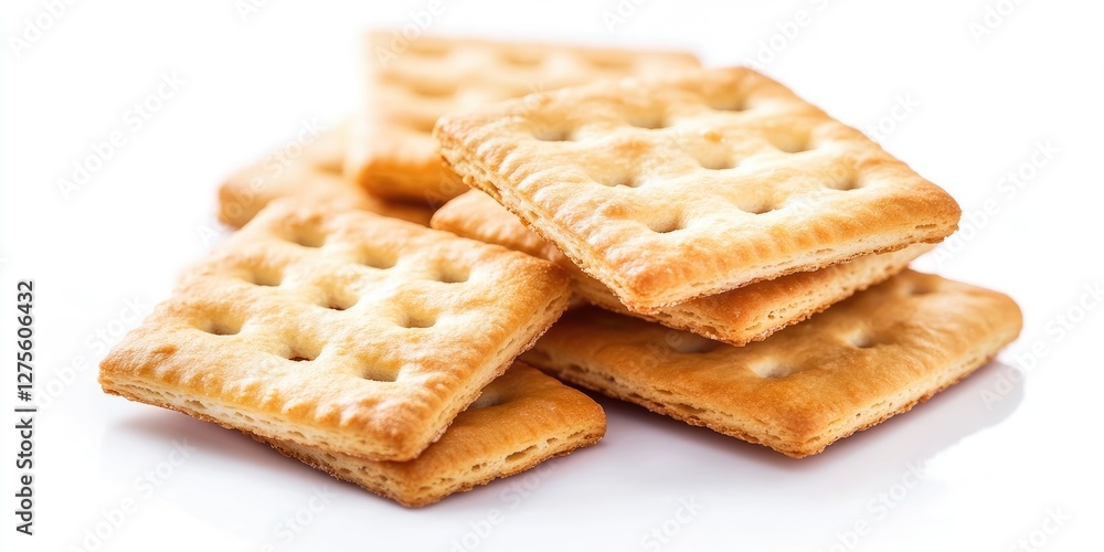 Golden brown square cracker biscuits piled at an angle over a pristine white background emphasizing their crunchy texture and appealing shape Golden brown square cracker biscuits piled at an angle over a pristine white background emphasizing their crunchy texture and appealing shape