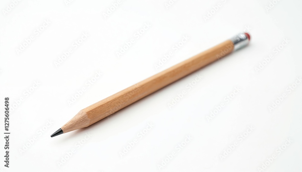 Isolated wooden pencil on white background. Art supply, office tool for writing, drawing, sketching. Simple design, sharp graphite tip, eraser for college, school, work, education. Isolated wooden pencil on white background. Art supply, office tool for writing, drawing, sketching. Simple design, sharp graphite tip, eraser for college, school, work, education.